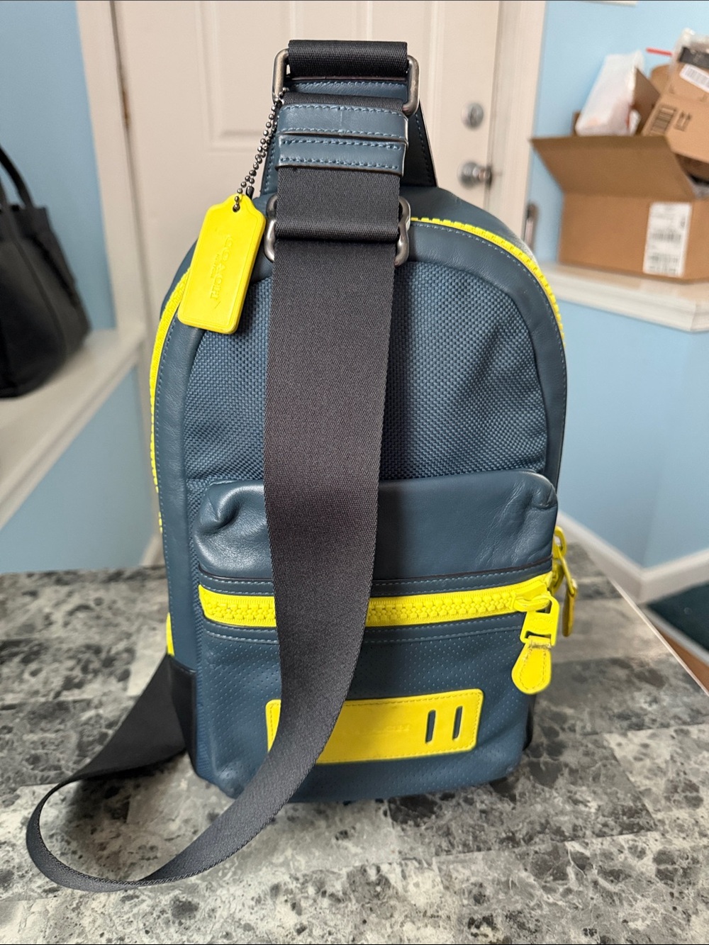 Coach Men’s Navy and Yellow Crossbody Sling Bag